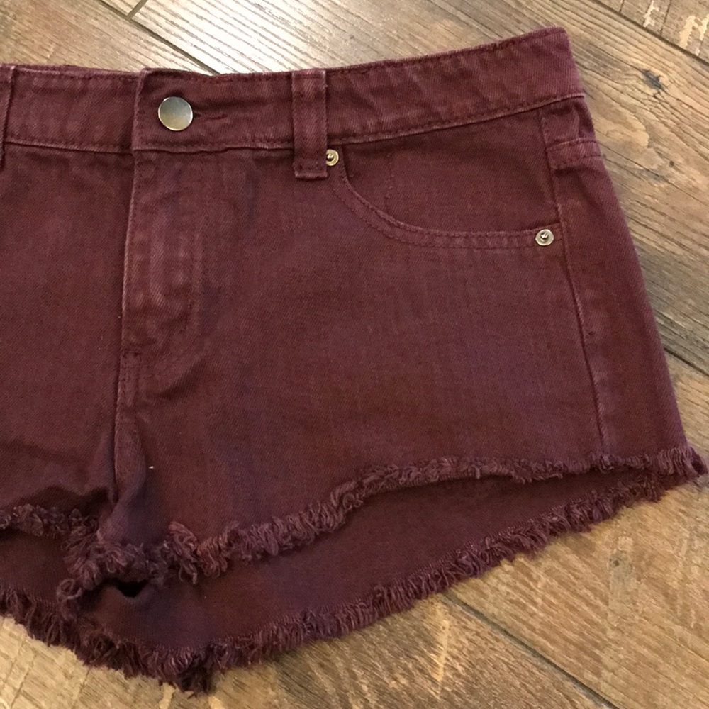 Burgundy Frayed Hem Shorts - Picture 1 of 4